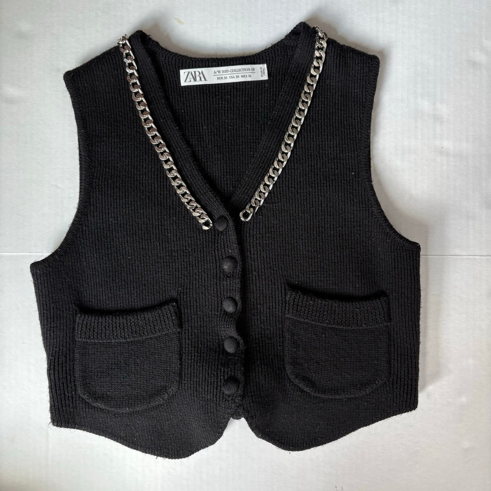 Zara 100% wool chain link neckline knit waist coat vest black XS